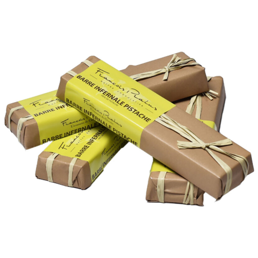 PRALUS: Barre infernale Pistache - Tablette 75% chocolat aux pistaches